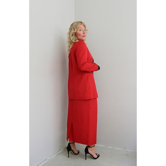 1980's Vintage Custom Tailored Red Skirt & Blazer Korean Suit Set Womens SM 4 6 - Picture 7 of 10